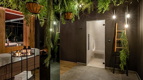 [Translate to English:] Ein Spa Behandlungsraum mit einer Dusche und Pflanzen